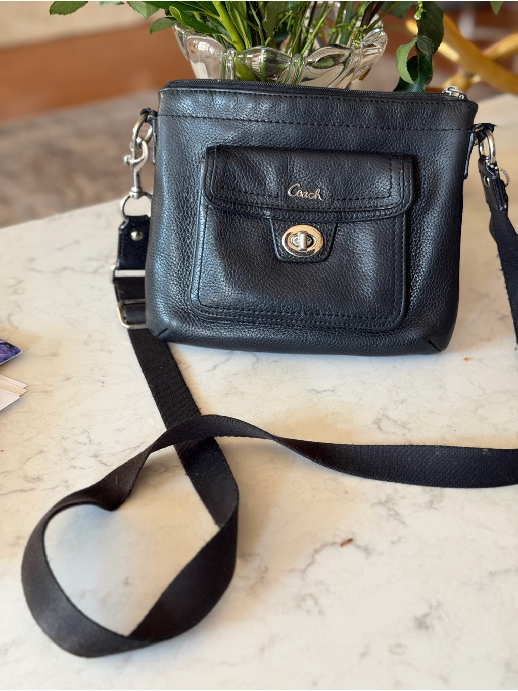 Coach Black Pebbled Leather Crossbody With Front Turnlock Pocket